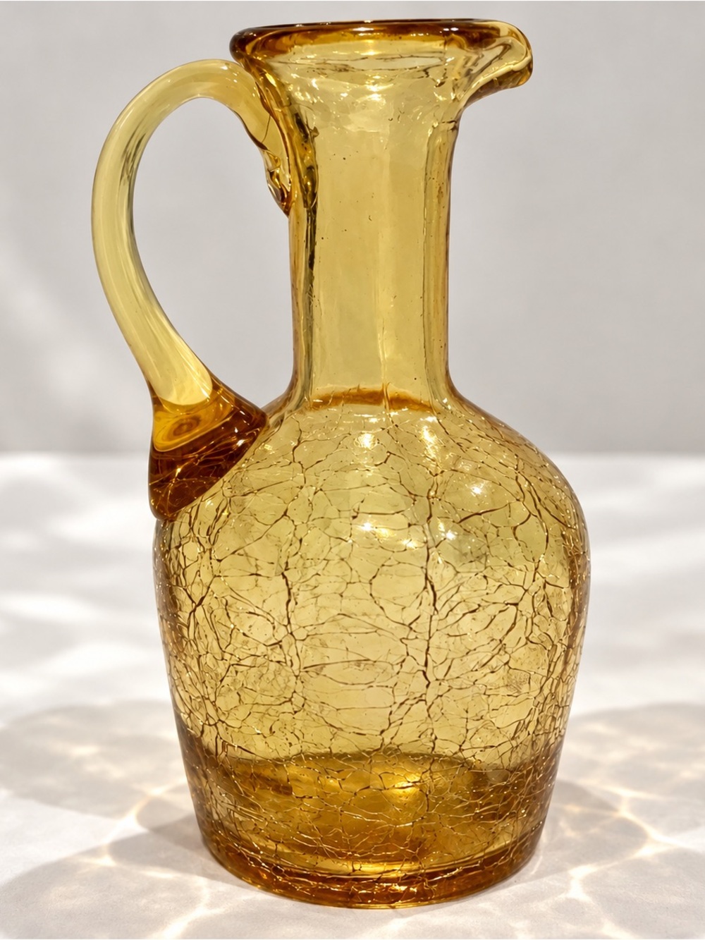 Vintage Handblown Yellow Crackle Glass Mini Pitcher Petite Art Glass ~5.75”H